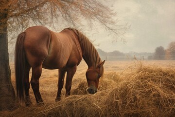 Wall Mural - horse eating hay in a tranquil meadow, created with generative ai