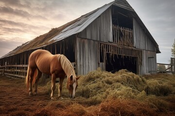 Wall Mural - horse eating hay near old rustic barn, created with generative ai