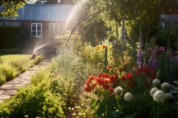 Poster - leaky hose creating mini rainbow in sunny garden, created with generative ai