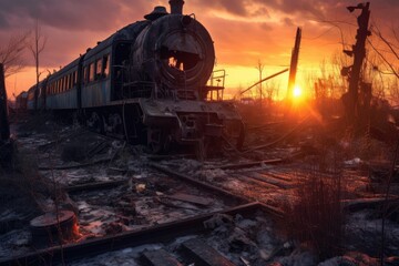 Canvas Print - sun setting behind wreckage of old train, created with generative ai