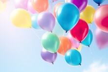 Close Up Of Colorful Balloons Flying In The Air, Levitation,rainbow Palete Pastel Background For Design