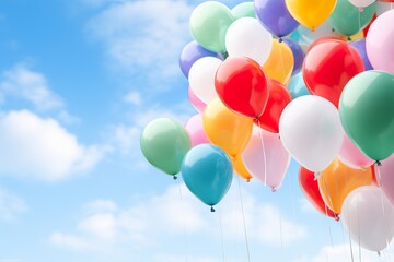 close up of colorful balloons flying in the air, levitation,rainbow palete pastel background for design