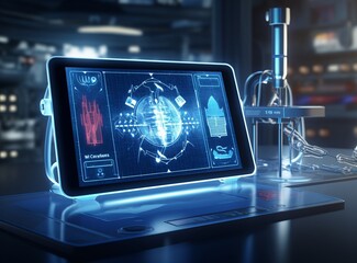 Generative AI, Black tablet pc and doctor tools on gray and blue  surface. Science and medicine concept, digital tablet computer