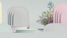 3d Rendering Of Podium And Abstract Geometric With Empty Space For Kids Or Baby Product. Succulents And Cactus With Colorful Pastel Background

