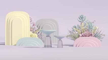 3d rendering of podium and abstract geometric with empty space for kids or baby product. Succulents and cactus with colorful pastel background
