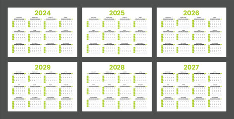 Wall Mural - Set of calendars for 2024, 2025, 2026, 2027, 2028 and 2029. Minimalist style calendar. Week starts from Sunday