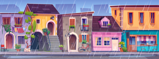 Wall Mural - Rain on old Italian town street with cafe. Vector cartoon illustration of European architecture, water puddles on stone paved road, houses with wet laundry on balconies, windows decorated with flowers