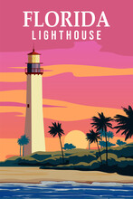 Retro Poster Key West Lighthouse Florida. Palm, Coast, Ocean Vector