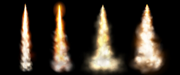 Wall Mural - rocket smoke speed fire trail cloud vector isolated effect. 3d realistic plane or jet launch contrai