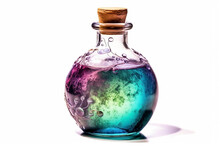 Magic Potion In Glass Bottle On White Background