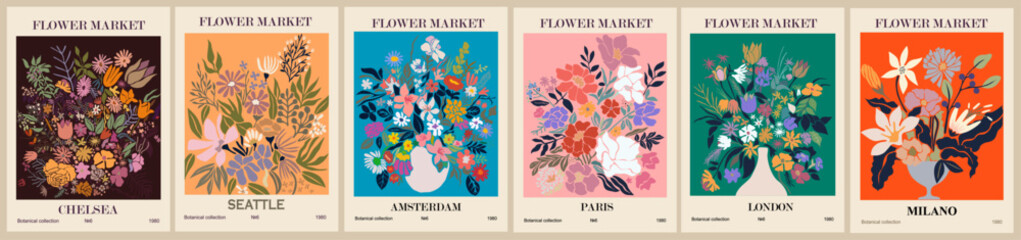 set of abstract flower market posters. trendy botanical wall arts with floral design in bright color