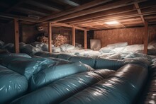 A Crawl Space Covered With Thermal Blankets, A Dimple Board, And Radon Mitigation System Pipes Visible. Location For Energy-efficient Home Improvement. Generative AI