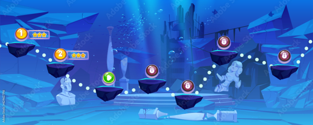 Underwater ocean game level map ui cartoon vector background. Deep undersea adventure score interface with building ruin, statue and rock. Blue seascape with sunken environment and platform to jump