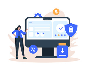 Female standing near computer and checking account safety. Online banking and services with different gadgets. Financial investments and services concept. Flat vector illustration