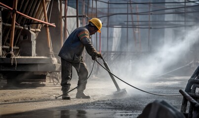 A man in safety gear controlling the pouring of concrete. Creating using generative AI tools