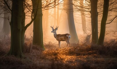 Wall Mural - A stunning winter scene of a young deer in a misty forest at sunrise. Creating using generative AI tools