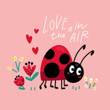 Cartoon Ladybug And Flowers Illustration