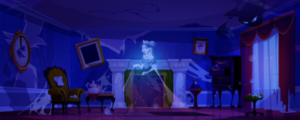 Haunted castle room with female ghost. Vector cartoon illustration of retro living room with vintage furniture, cobweb on cracked walls, torn dusty curtains, damaged armchair, princess spirit in air