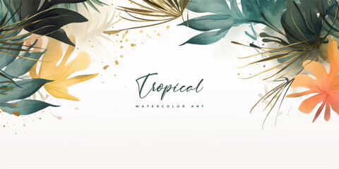 Wall Mural - Abstract art gold tropical leaves background vector. Luxury wallpaper with watercolor, tropical leaf framed, palm leaf, flower,Vivid foliage, exotic green and gold brush glitter.