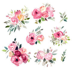 retro roses, set watercolor flowers painting, floral vintage bouquets illustrations. decoration for 
