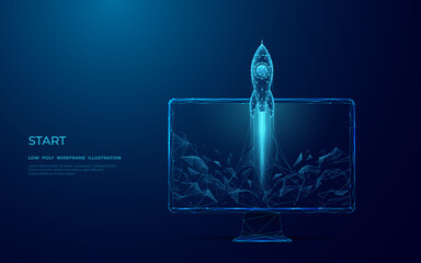 Wall Mural - Digital Rocket Launching From The Computer Monitor Screen. Abstract Spaceship Consist Of Polygons, Connected Glowing Dots, and Geometric Shapes. Low Poly Wireframe Illustration on Blue Background.