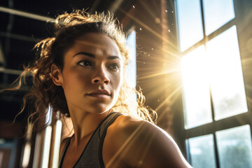 Portrait of determined woman working out at gym. Fitness exercising in indoor gym