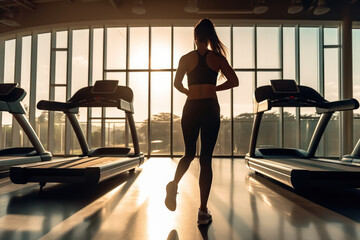 Silhouette of a fitness girl running during sunset at indoor gym