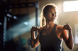 © aboutmomentsimages - Portrait of beautiful woman working out at gym, running on treadmill and doing fitness exercises. healthy concept