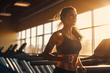 Portrait Of Beautiful Woman Working Out At Gym, Running On Treadmill And Doing Fitness Exercises. Healthy Concept