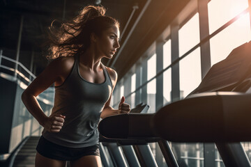 portrait of beautiful woman working out at gym, running on treadmill and doing fitness exercises. he