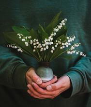 Close Up Of Hands Holding A Small Vase Of Lily Of The Valley Flowers.