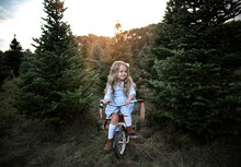 Little Girl Smiling On Bike With Christmas Trees