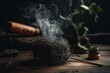 Burning charcoal with herbal incense on wooden table, smudge stick for energetic cleansing and smoking. Generative AI