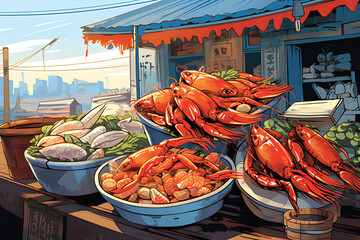 Flat seafood market concept with plate of sea food.GenerativeAI.