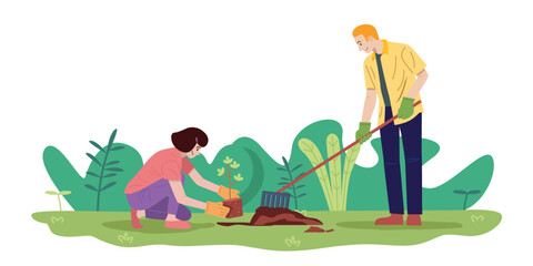 Sustainability concept, woman and man planting young tree in the garden, Vector