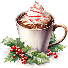 Watercolor Cocoa On A Transparent Background, Christmas Illustration. Generative AI	