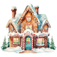 Watercolor Christmas Gingerbread House On A Transparent Background, Winter Illustration. Generative AI	