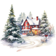 Watercolor Winter House On A Transparent Background, Christmas Illustration. Generative AI