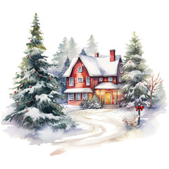 watercolor winter house on a transparent background, christmas illustration. generative ai