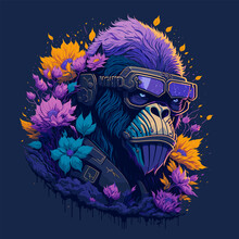 Futuristic Gorilla Head With Flower And Sunglasses On Clean Background. Vintage Vector Painting Style Design With Floral Elements For T-Shirt, Banner, Invitation, Greeting Card Or Cover.