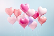 Close Up Of Heart Sharp Balloons Flying In The Air, Levitation,rainbow Palete,white Lighting Pastel Background