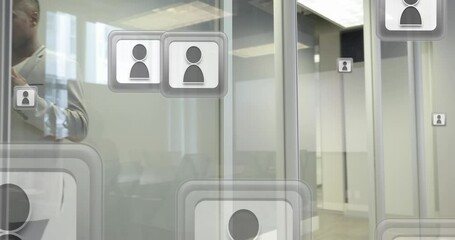 Poster - Animation of social media icons and data over african american businessman using smartphone