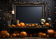 Halloween background with frame  on wall with halloween decorations , mockup