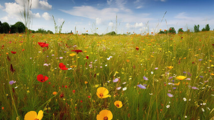 Poster - Many colorful wild flowers blooming on field in summer