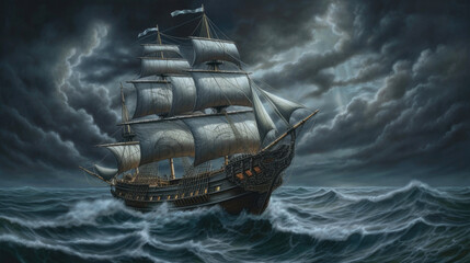 Wall Mural - Pirate ship in the ocean on a stormy night