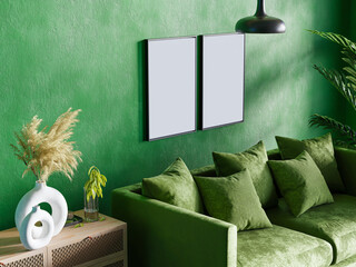 Wall Mural - Two empty photo frame mockup hanging on green wall background, Modern and Eco Interior