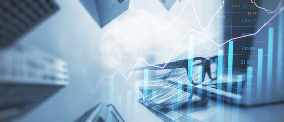 Poster - Wide image of office table with device and forex chart on creative blurry city background. Landing page background, trade, success and finance concept. Double exposure.