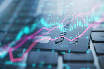 Poster - Close up of laptop with bank card and glowing forex index chart with grid on blurry backdrop. Market, finance and online trading concept. Double exposure.