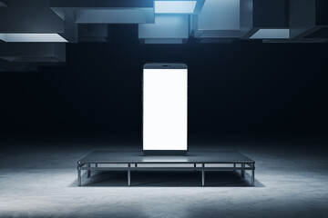 Aufkleber - Modern grunge interior with empty white mock up smartphone on pedestal pedestal. 3D Rendering.