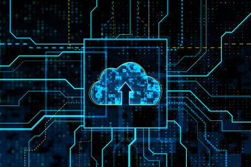 Aufkleber - Glowing cloud symbol with upward arrow on dark blue circuit background, technology concept. 3D Rendering